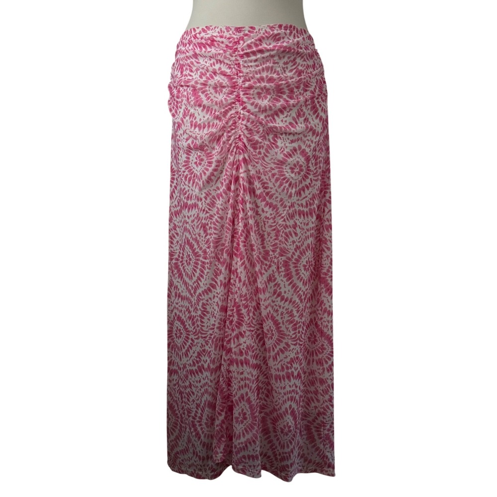 House of Harlow 1960 Pink White Tie Dye Mesh Ruched Maxi Skirt Womens Large L